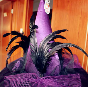 “Enchanting Purple Green Or Black Feathered Witch Hat with Veil – Perfect for Costumes & Cosplay”