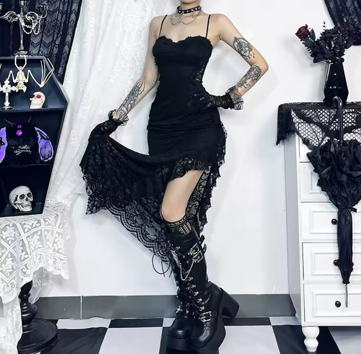 Dark Enchantress Gothic Lace Dress & Bell Sleeve Shawl “Vintage-Inspired Elegance”