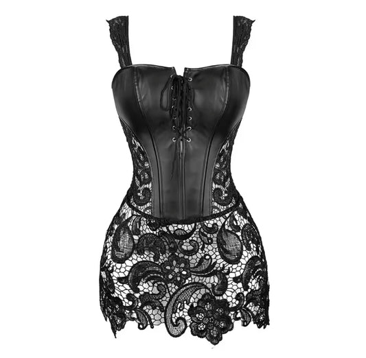 New Gorgeous Lace & Leather Corset Mini Dress Lingerie