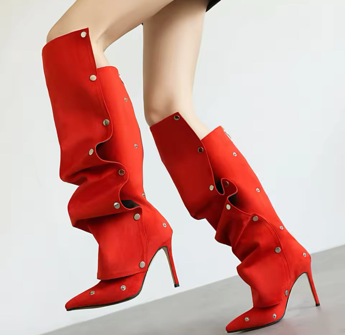 New Pointy Toe Studded Wrinkle Runway Stiletto Knee-High Boots