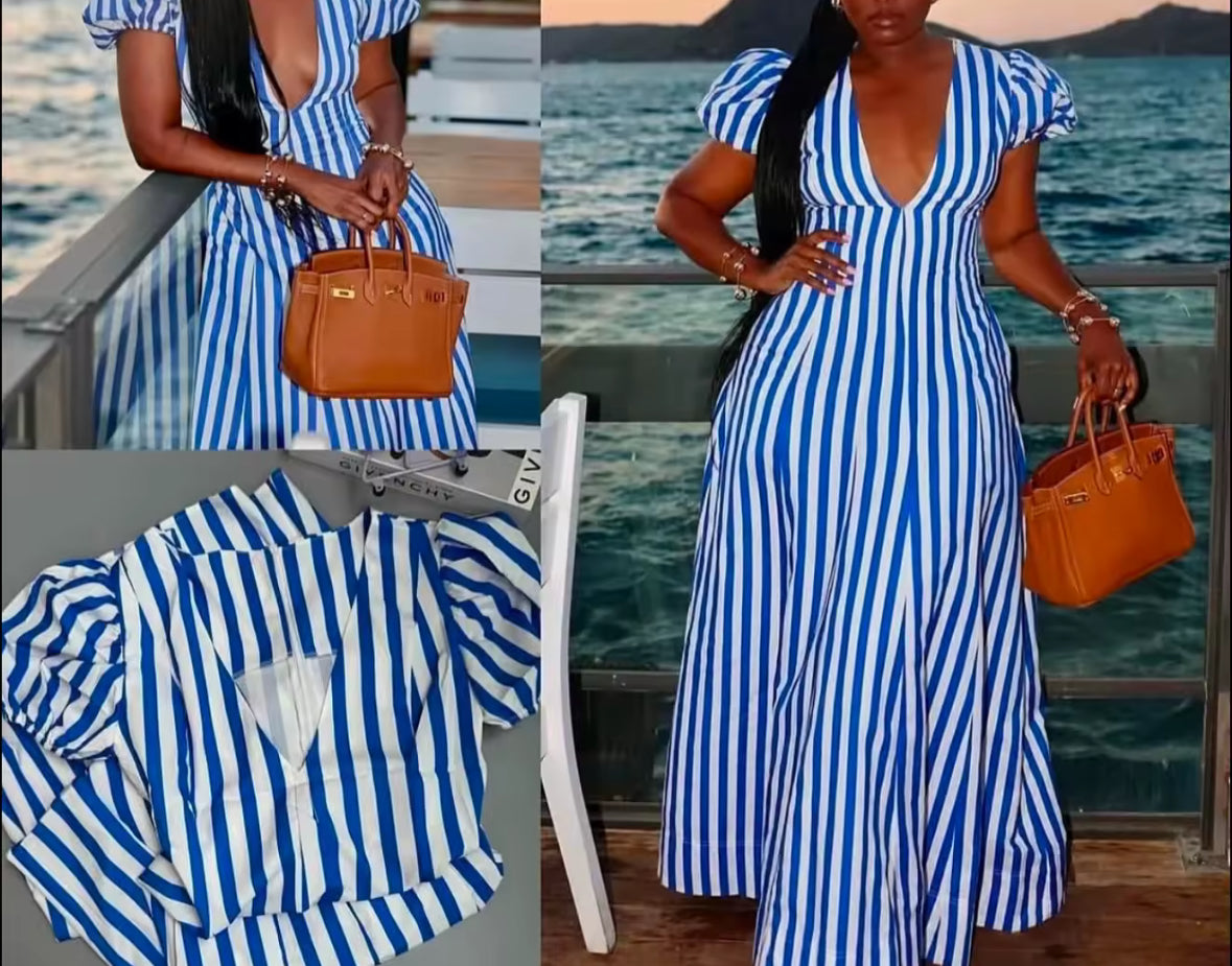 Bold in Blue | Deep V Puff Sleeve Maxi Dress