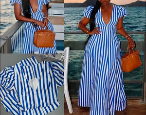 Bold in Blue | Deep V Puff Sleeve Maxi Dress