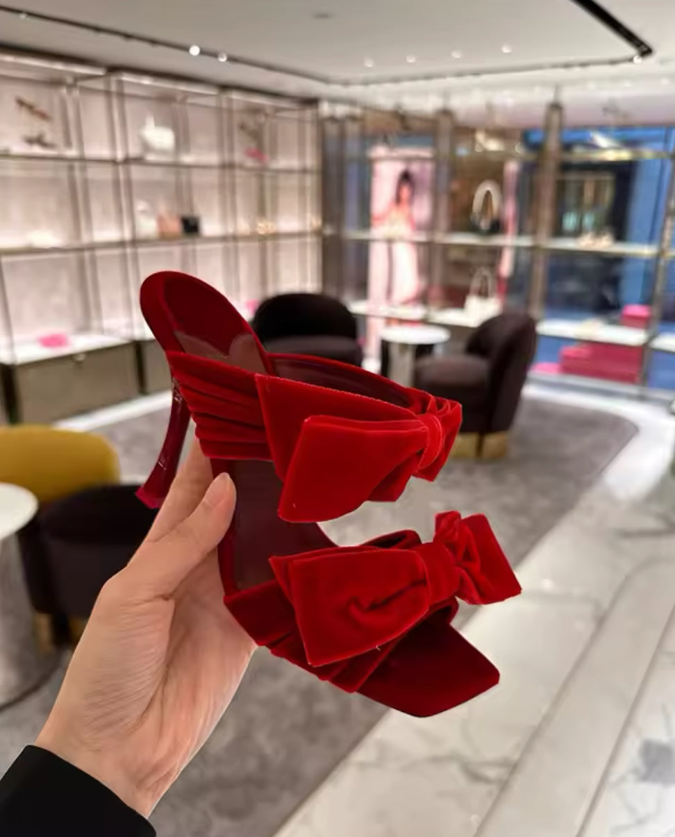 Velvet Bow Heels Square Toe Sandals – Black, Pink, Red