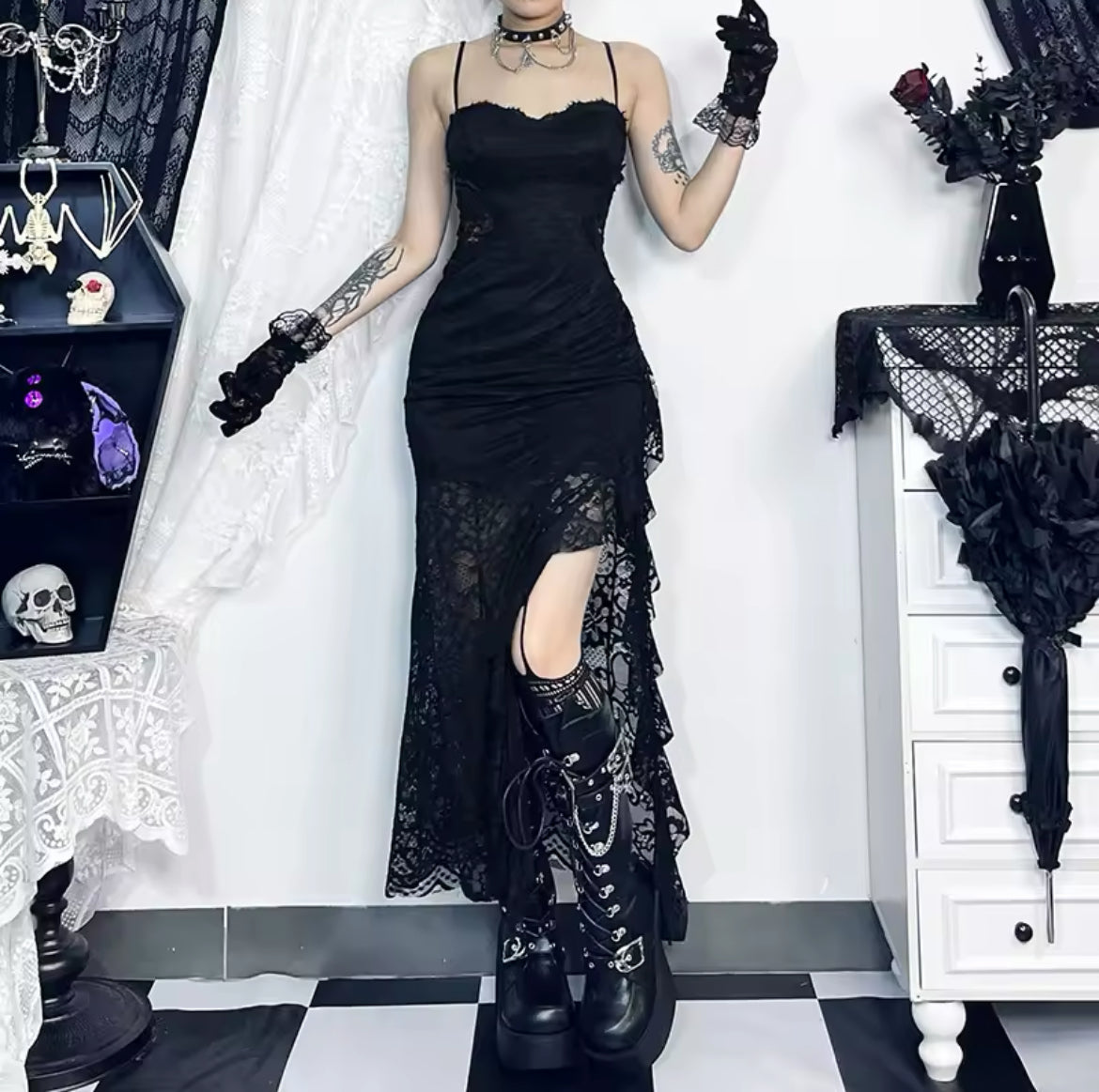 Dark Enchantress Gothic Lace Dress & Bell Sleeve Shawl “Vintage-Inspired Elegance”