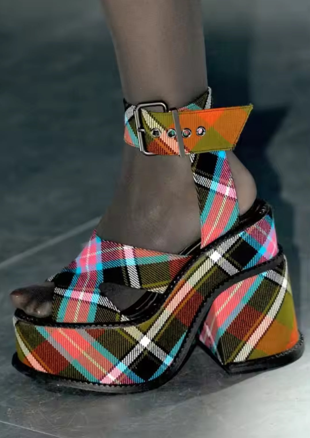 New Tartan Plaid Platform Chunky Heel Sandals - Multicolor Designer Runway Shoes with Ankle Strap