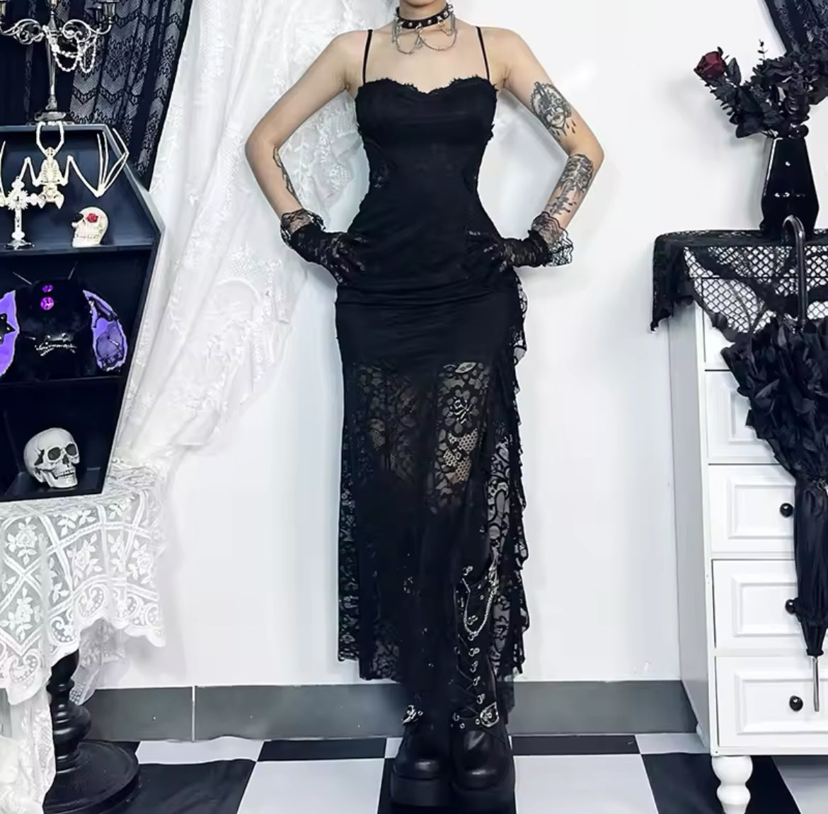 Dark Enchantress Gothic Lace Dress & Bell Sleeve Shawl “Vintage-Inspired Elegance”