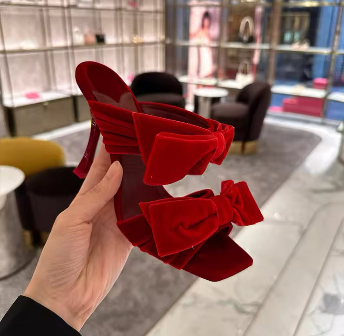 Velvet Bow Heels Square Toe Sandals – Black, Pink, Red