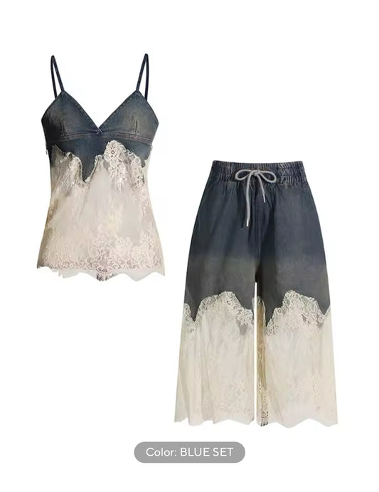 New Luxe Lace Denim Dream Set – Two-Piece Camisole & Wide-Leg Shorts