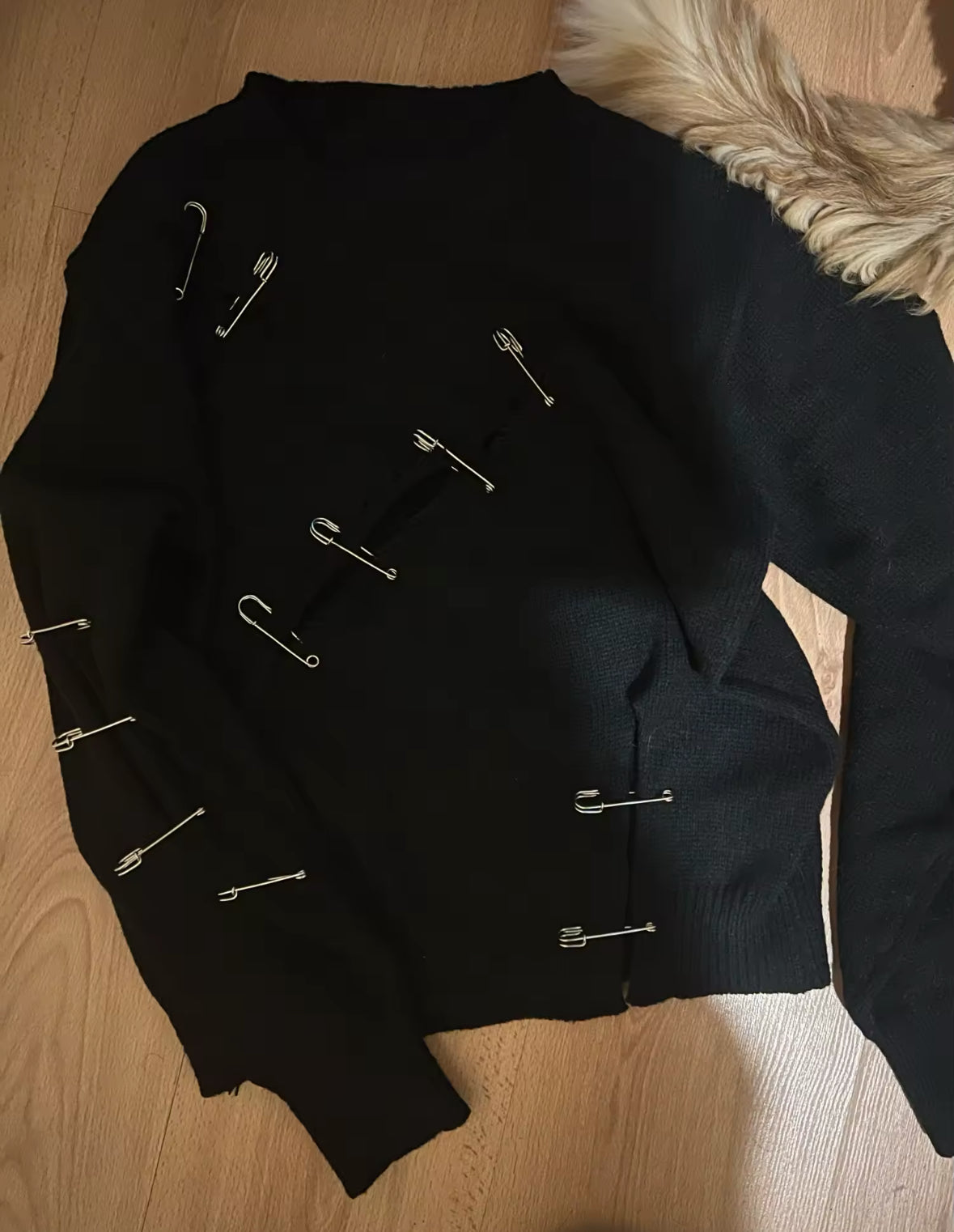 New Edgy Punk Gothic Safety Pin Black Sweater Distressed Grunge Aesthetic Look
