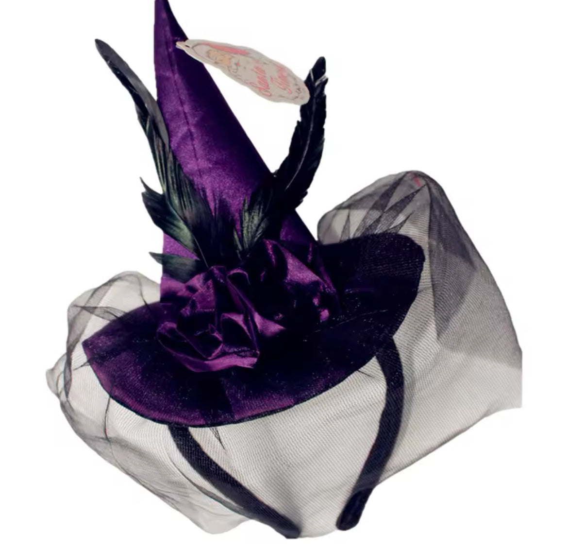 “Enchanting Purple Green Or Black Feathered Witch Hat with Veil – Perfect for Costumes & Cosplay”