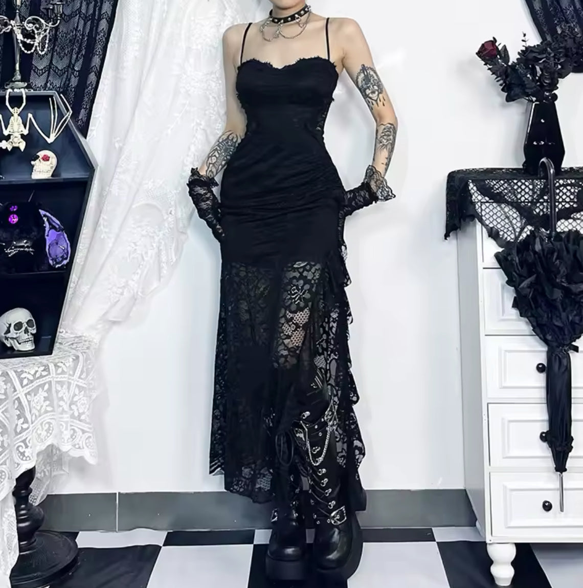 Dark Enchantress Gothic Lace Dress & Bell Sleeve Shawl “Vintage-Inspired Elegance”