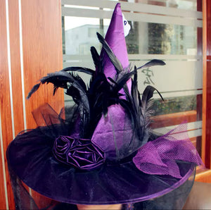 “Enchanting Purple Green Or Black Feathered Witch Hat with Veil – Perfect for Costumes & Cosplay”