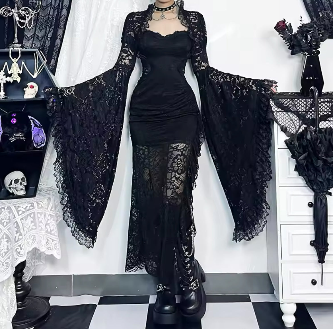 Dark Enchantress Gothic Lace Dress & Bell Sleeve Shawl “Vintage-Inspired Elegance”
