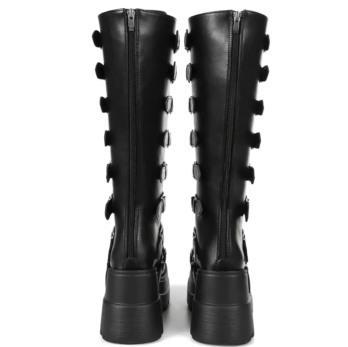 Gothic Buckle Platform Boots – Punk Streetwear Knee-High Statement Shoes