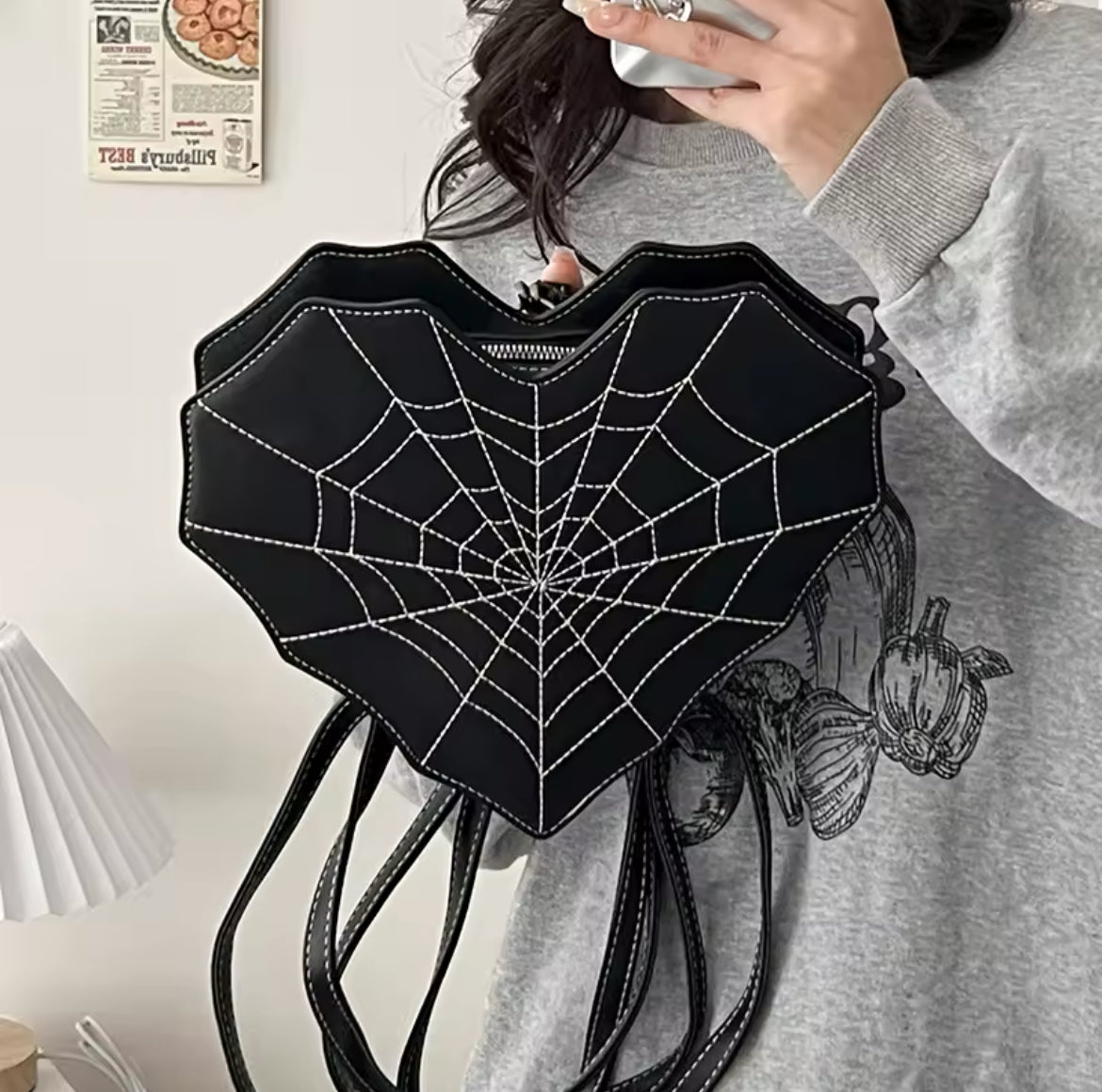 New Gothic Spiderweb Heart Backpack Unique & Stylish Women’s Bag