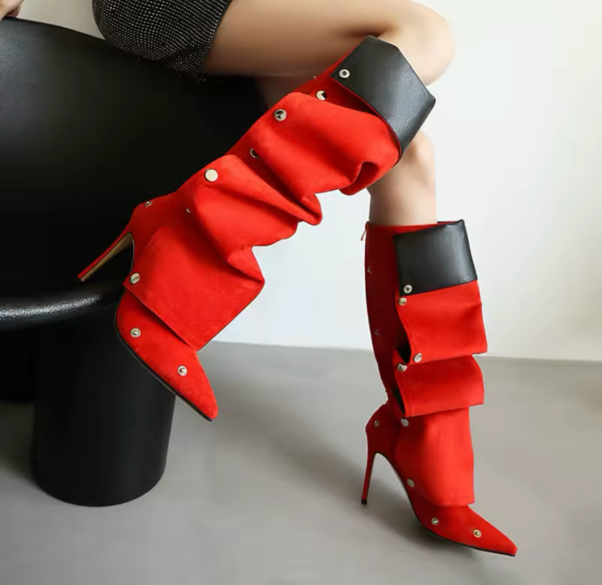 New Pointy Toe Studded Wrinkle Runway Stiletto Knee-High Boots
