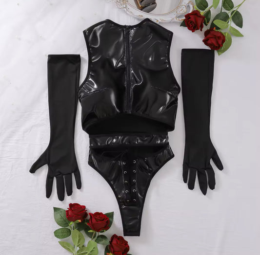 Noir 3-Piece Lingerie Set Faux Leather Bodysuit, Waist Belt & Gloves