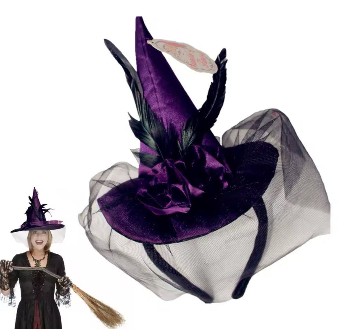 “Enchanting Purple Green Or Black Feathered Witch Hat with Veil – Perfect for Costumes & Cosplay”