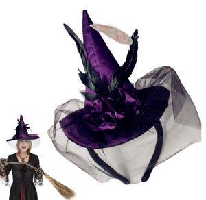 “Enchanting Purple Green Or Black Feathered Witch Hat with Veil – Perfect for Costumes & Cosplay”