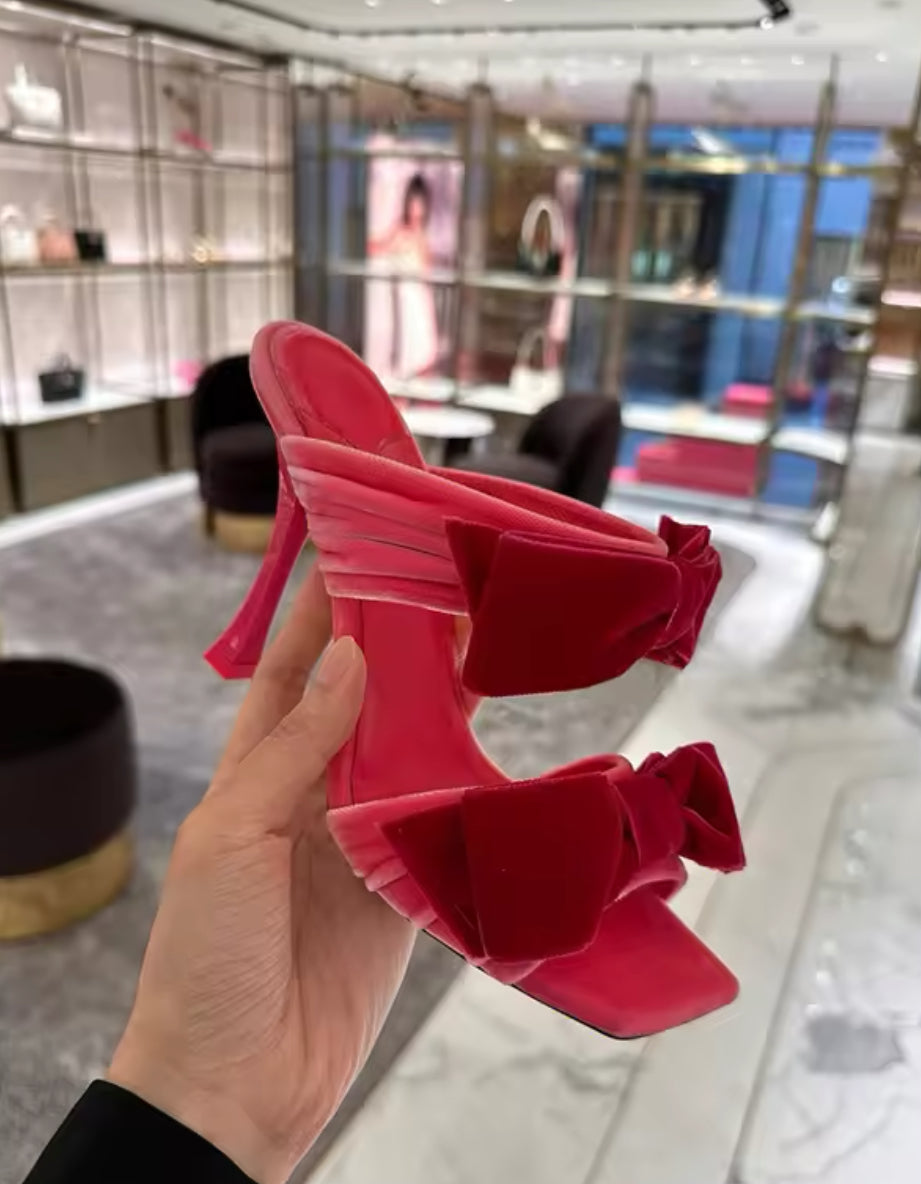 Velvet Bow Heels Square Toe Sandals – Black, Pink, Red