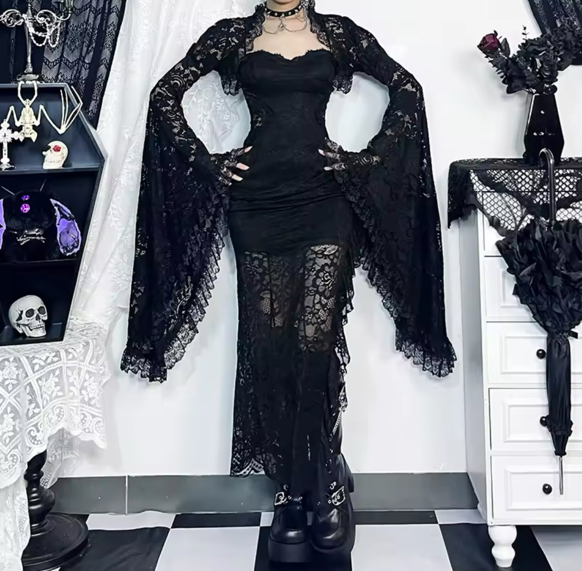 Dark Enchantress Gothic Lace Dress & Bell Sleeve Shawl “Vintage-Inspired Elegance”