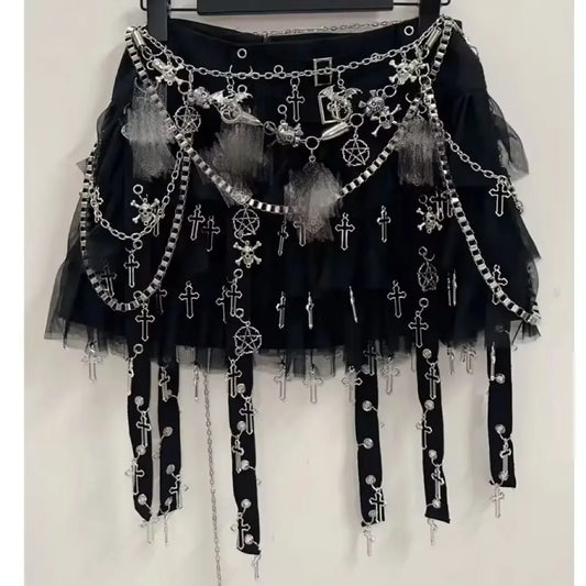 New Cross & Skull Mesh Charmed Mini Skirt