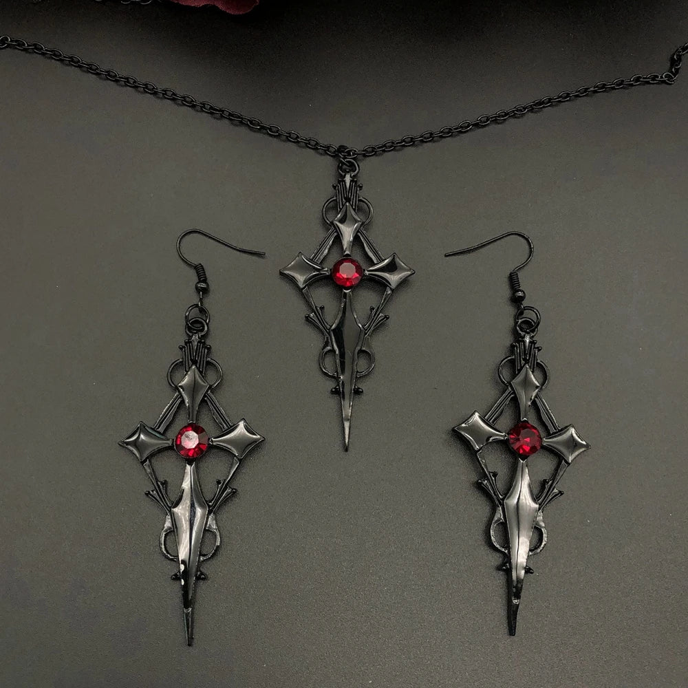 New Gothic Vampire Cross Striking Statement Necklace & Earrings