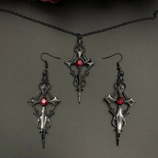 New Gothic Vampire Cross Striking Statement Necklace & Earrings